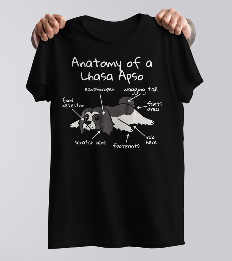 Anatomy Of A Lhasa Apso Eavesdropper Wagging Tail Funny Dog Farts Area Scratch Here Rub Here Footprints Food Detector T-Shirt