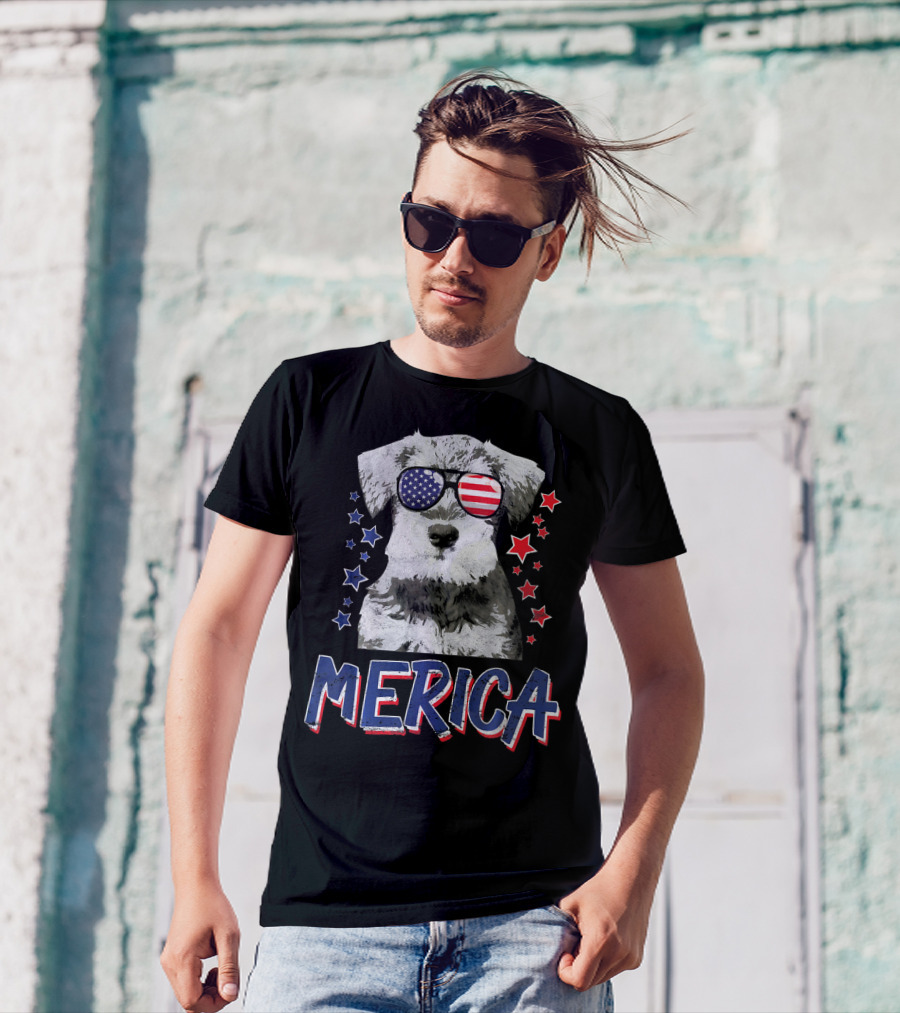 MERICA Miniature Schnauzer Dog American Flag Sunglasses Stars T-Shirt