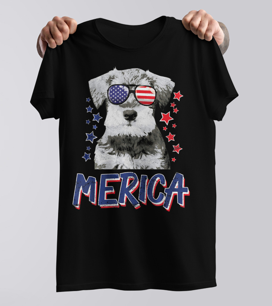 MERICA Miniature Schnauzer Dog American Flag Sunglasses Stars T-Shirt