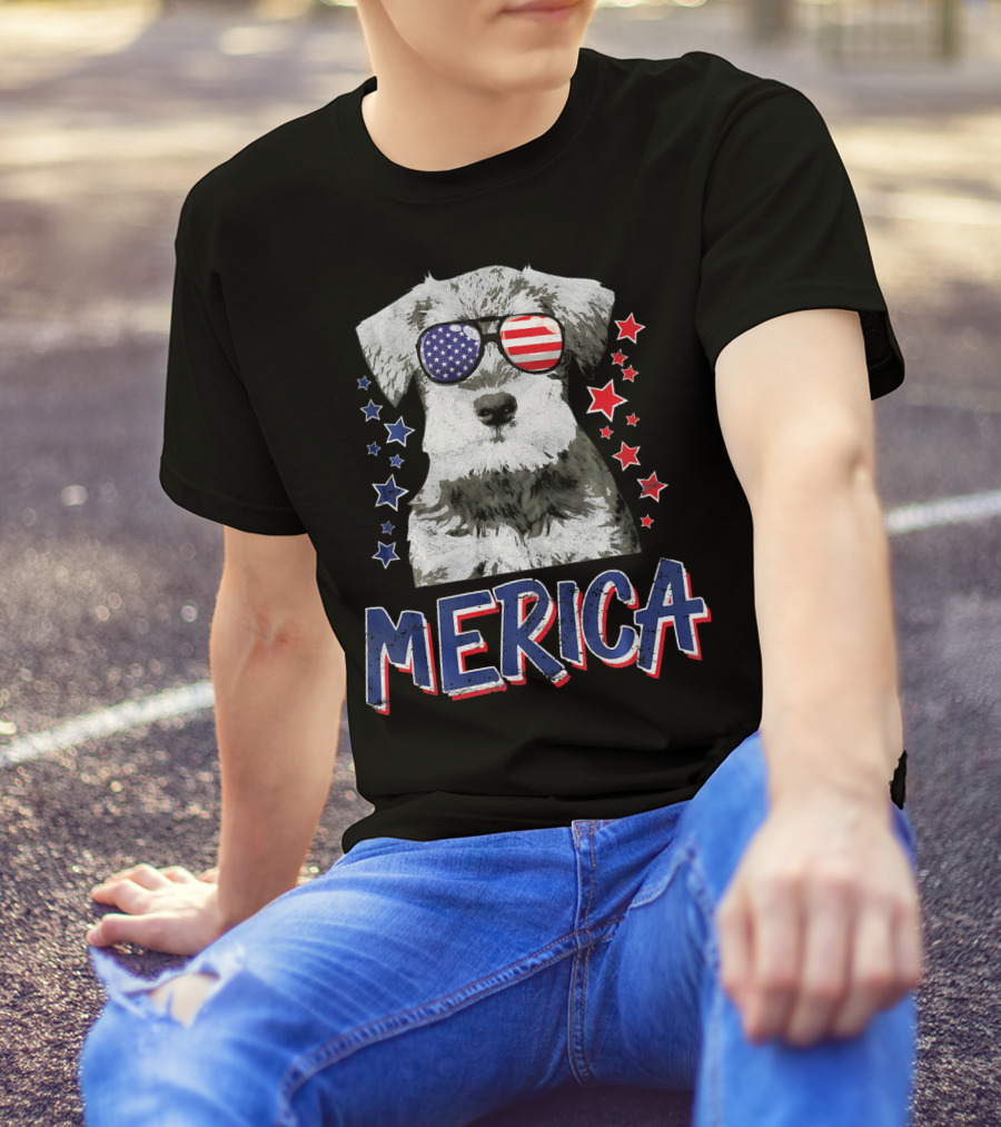 MERICA Miniature Schnauzer Dog American Flag Sunglasses Stars T-Shirt