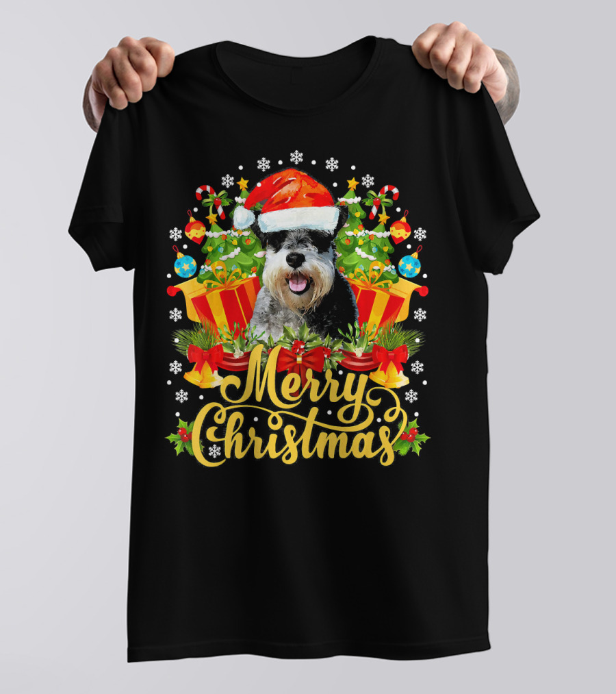 Merry Christmas Miniature Schnauzer Santa Hat Candy Canes Snowflakes Presents T-Shirt