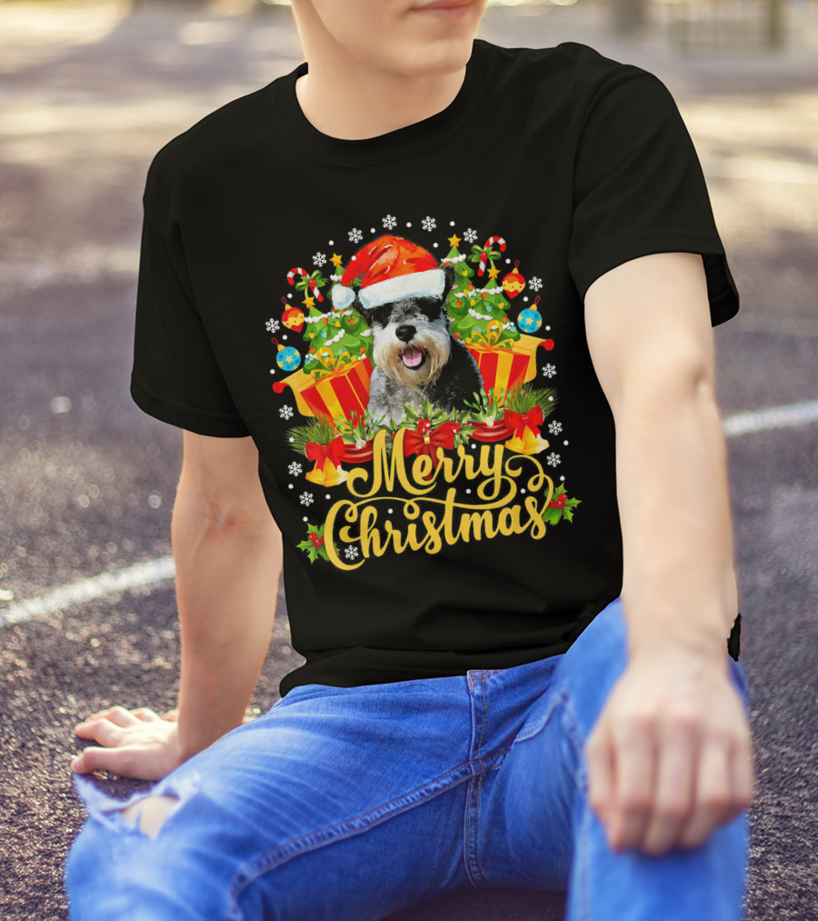 Merry Christmas Miniature Schnauzer Santa Hat Candy Canes Snowflakes Presents T-Shirt
