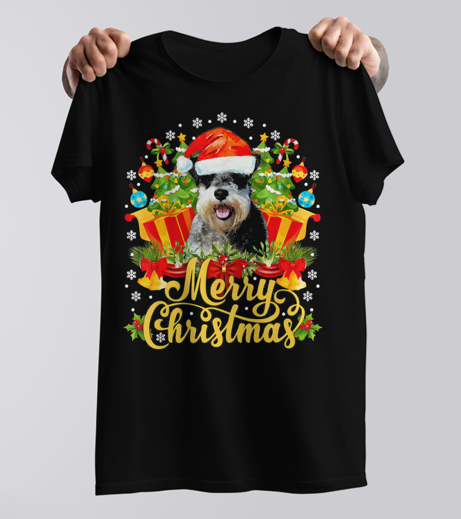 Merry Christmas Standard Schnauzer With Santa Hat And Festive Decorations T-Shirt