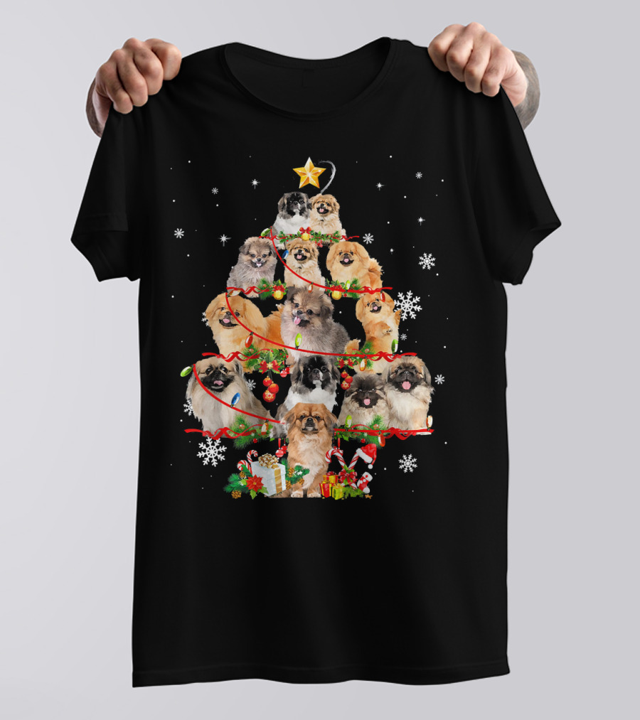 Pekingese Dogs Form Christmas Tree With Lights And Snowflakes T-Shirt
