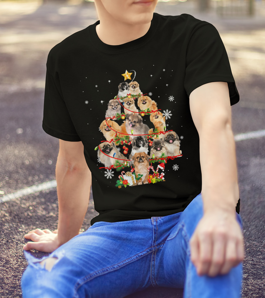 Pekingese Dogs Form Christmas Tree With Lights And Snowflakes T-Shirt