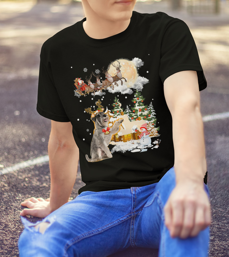 Schnauzer And Santa's Reindeer Christmas Village T-Shirt