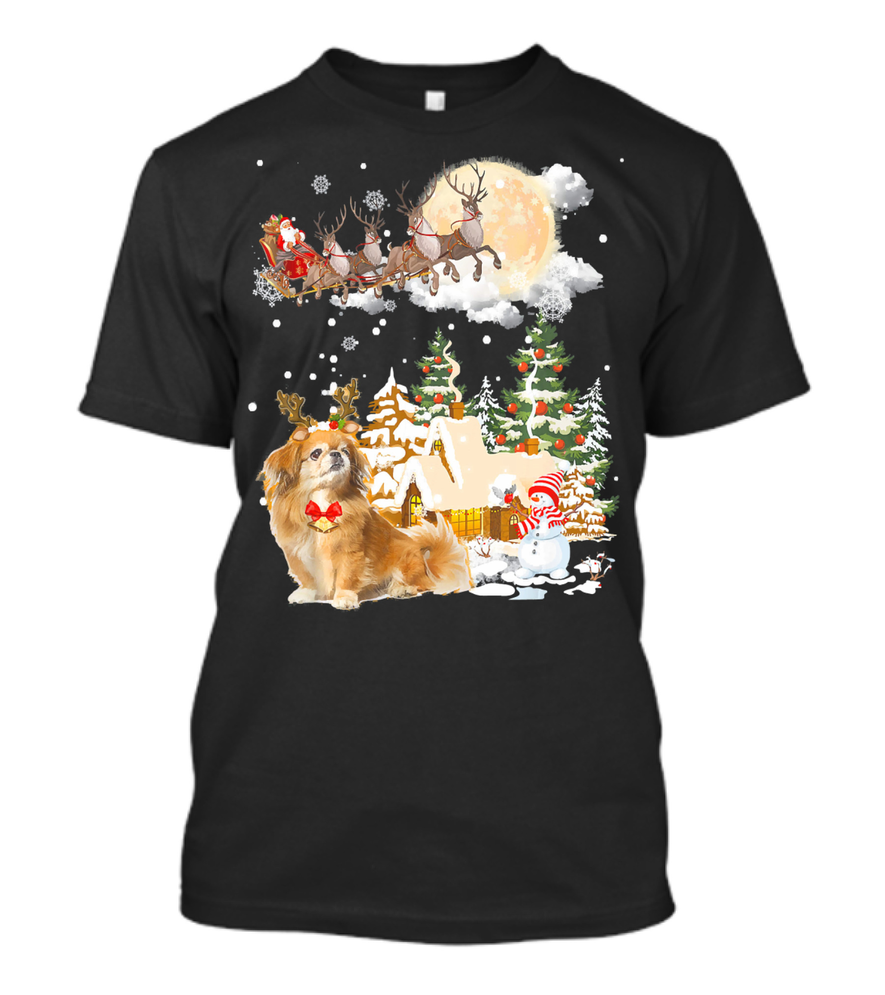 Pekingese Christmas Wonderland Santa And Reindeer Festive Scene T-Shirt