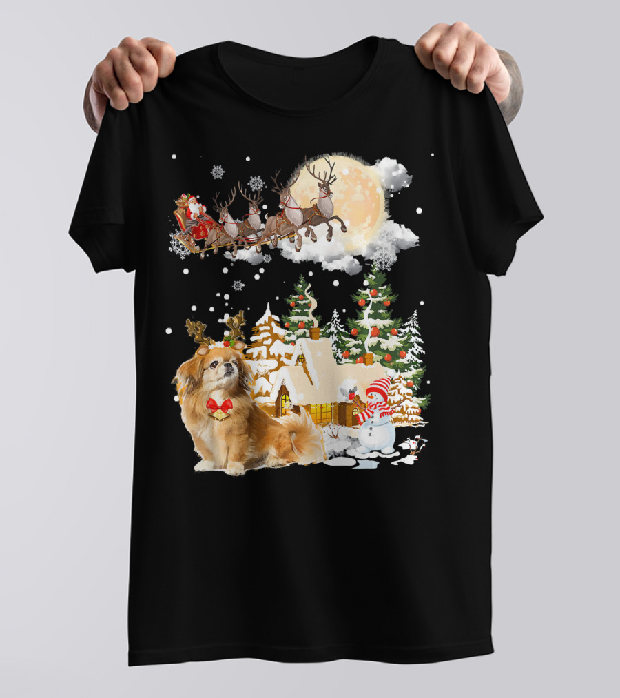 Pekingese Christmas Wonderland Santa And Reindeer Festive Scene T-Shirt
