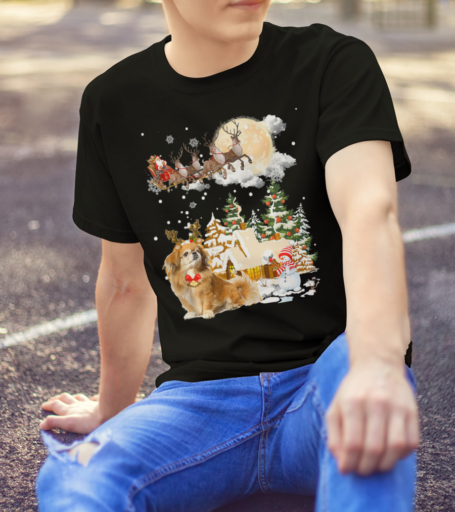 Pekingese Christmas Wonderland Santa And Reindeer Festive Scene T-Shirt