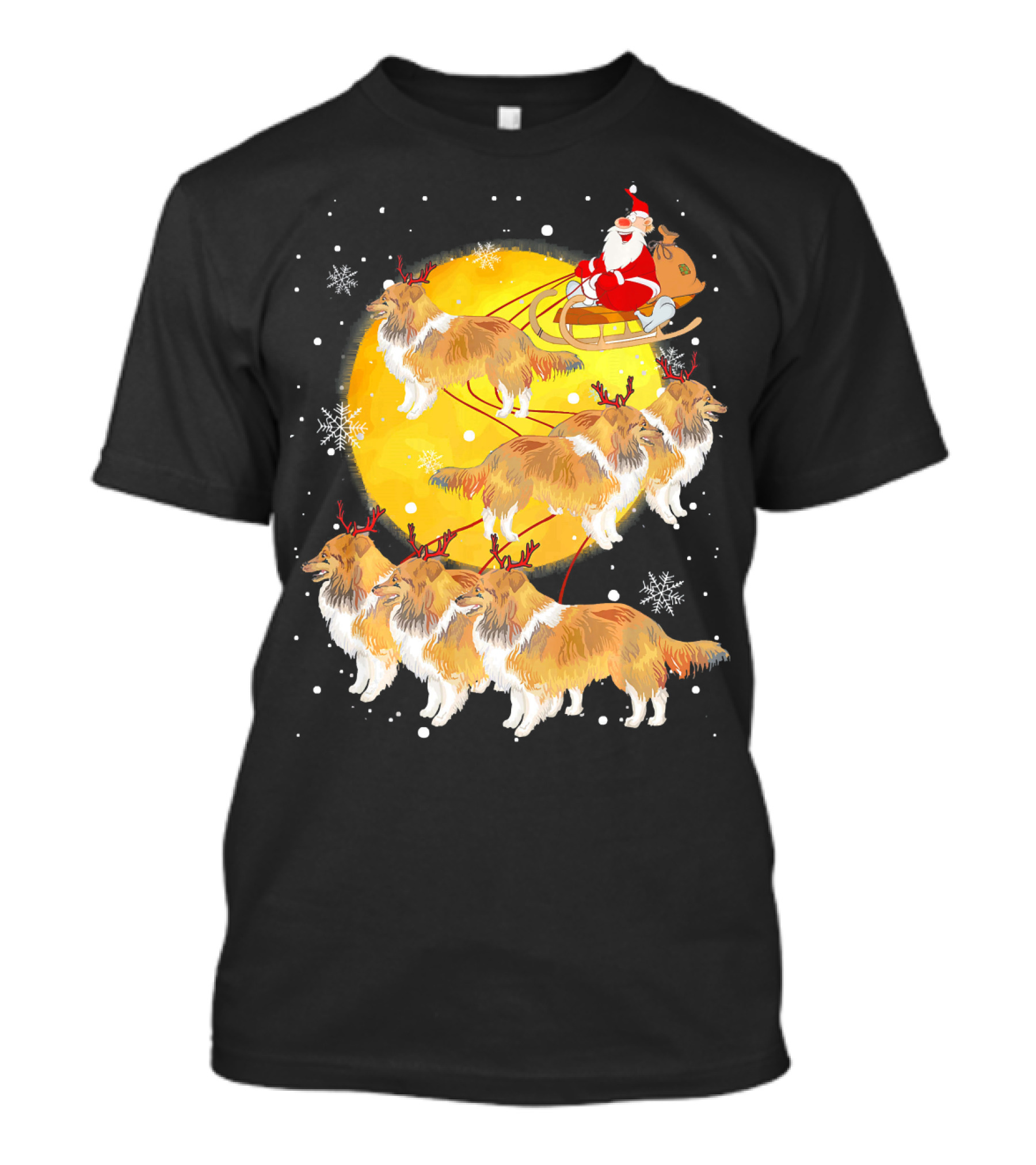 Shetland Sheepdog Reindeer Santa Sleigh Christmas Moon Snowflakes T-Shirt