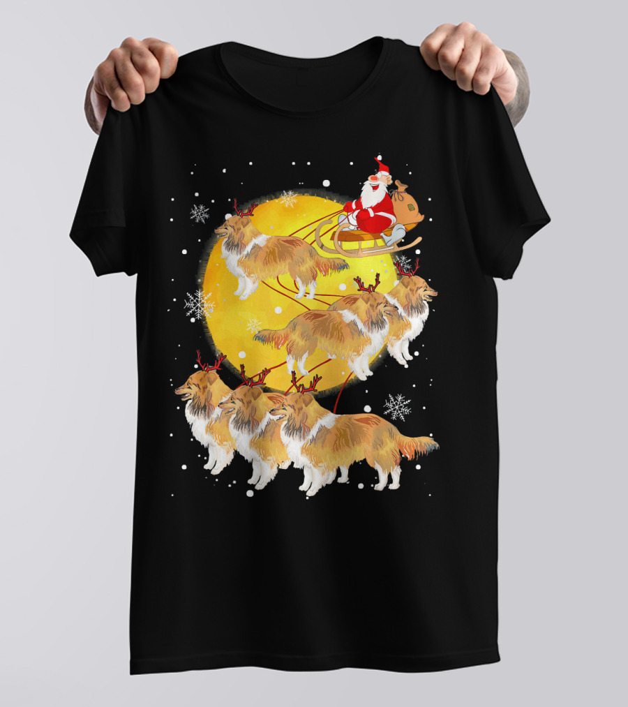 Shetland Sheepdog Reindeer Santa Sleigh Christmas Moon Snowflakes T-Shirt