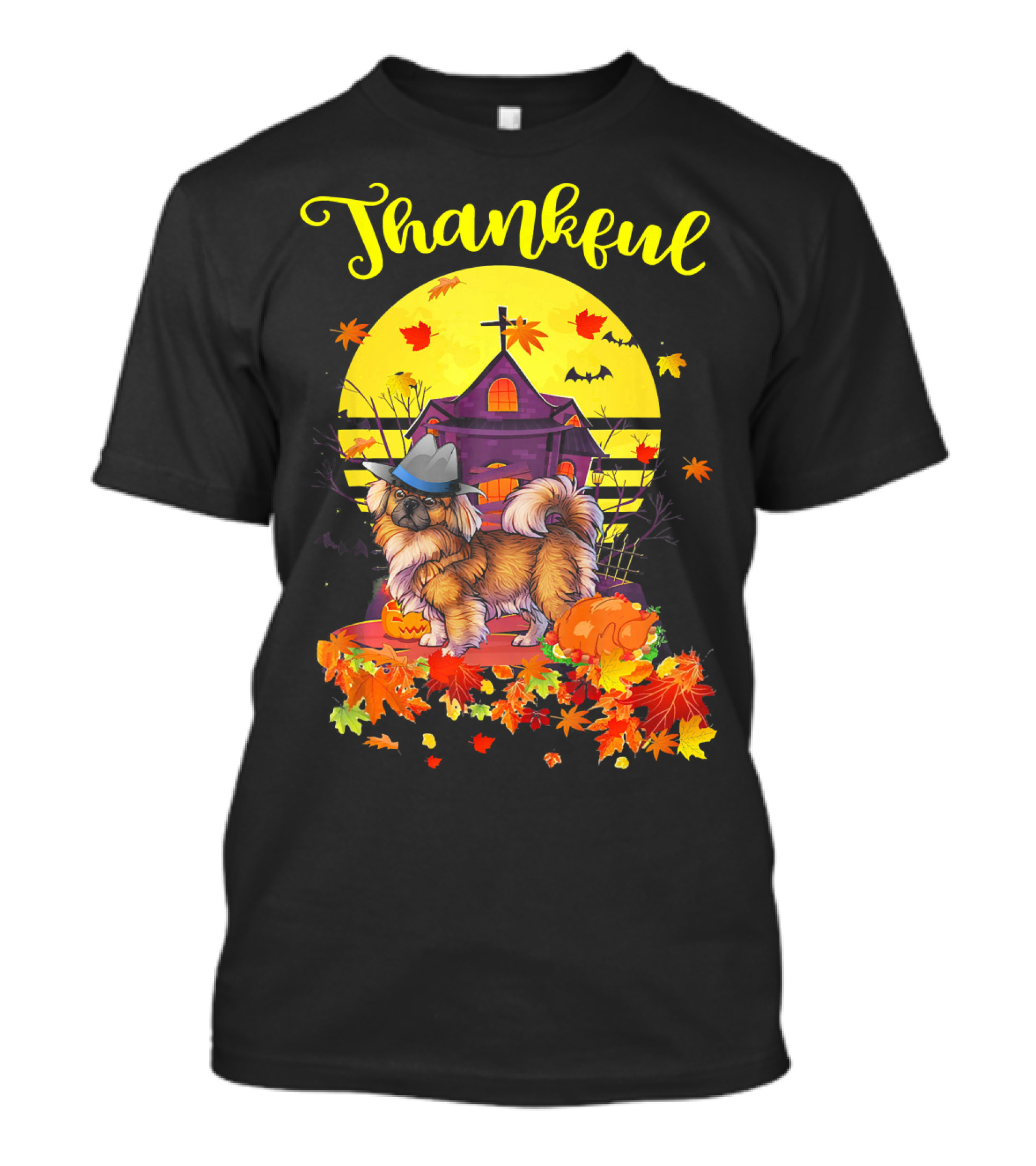 Thankful Pekingese Dog Pilgrim Thanksgiving Costume Pumpkin And Autumn Leaves T-Shirt