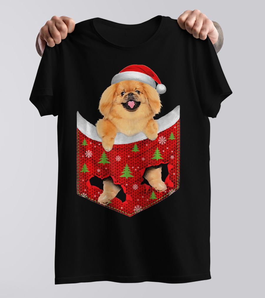 Pekingese Dog In Christmas Pocket With Santa Hat And Festive Tree T-Shirt