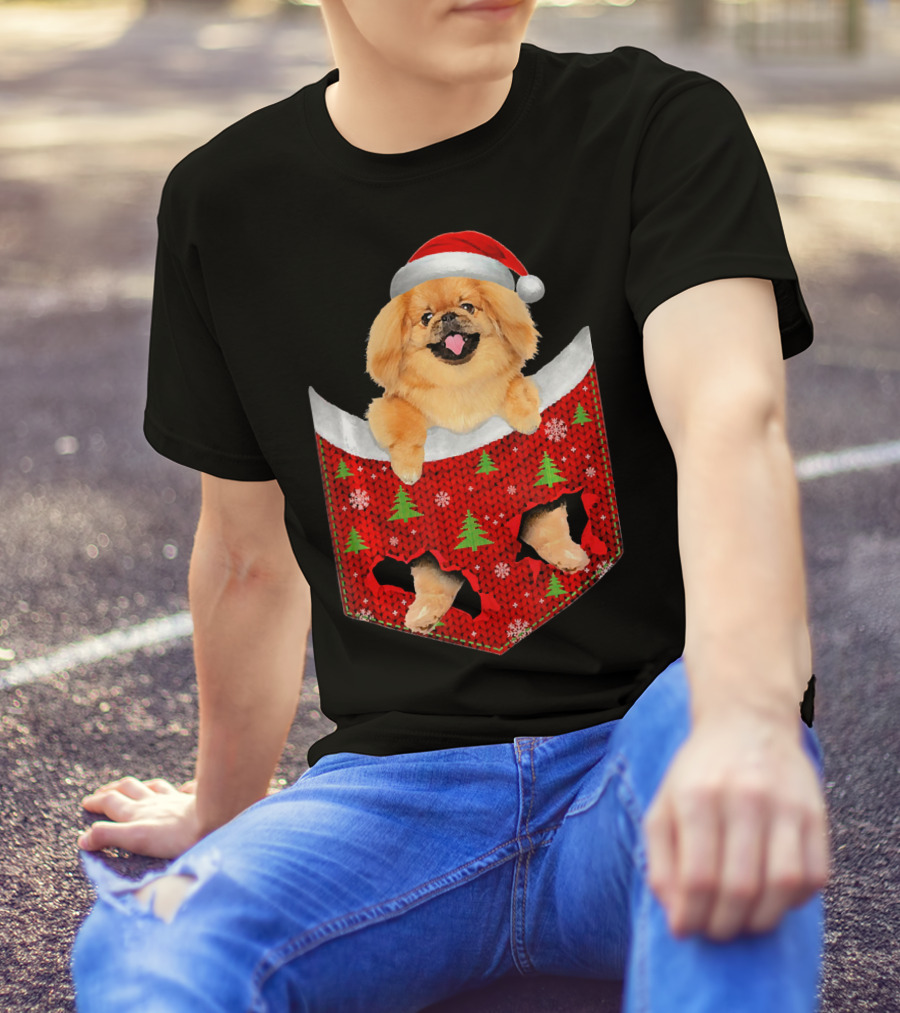 Pekingese Dog In Christmas Pocket With Santa Hat And Festive Tree T-Shirt