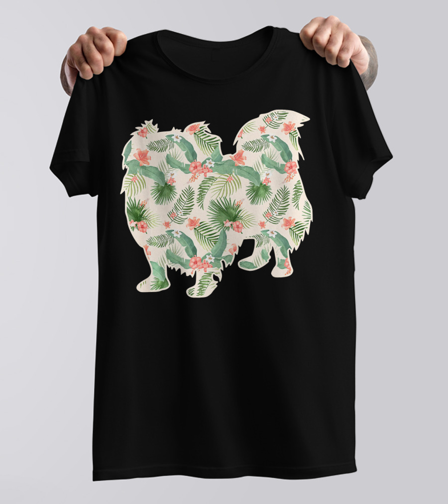 Pekingese Silhouette With Floral Tropical Print T-Shirt