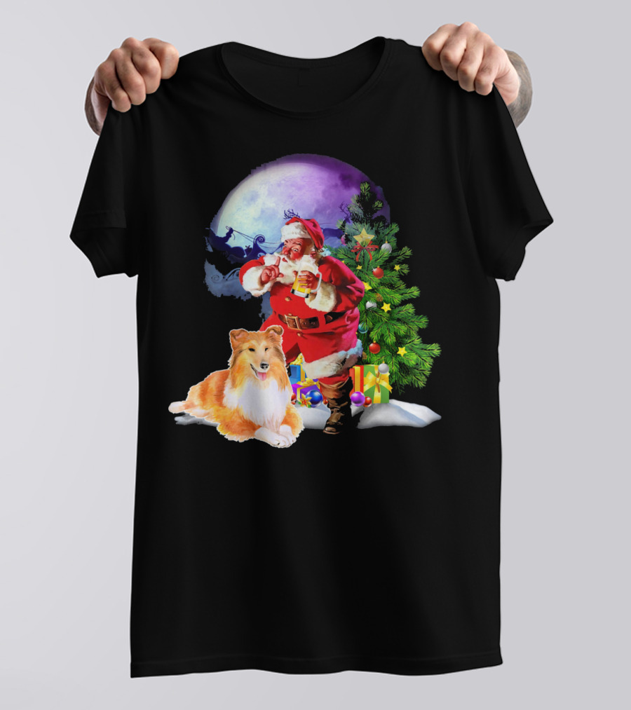 Sheltie Pine Xmas Family Santa And Tree T-Shirt