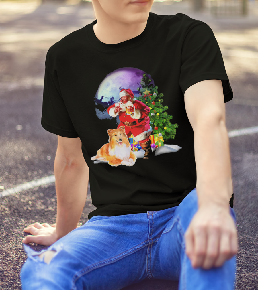 Sheltie Pine Xmas Family Santa And Tree T-Shirt