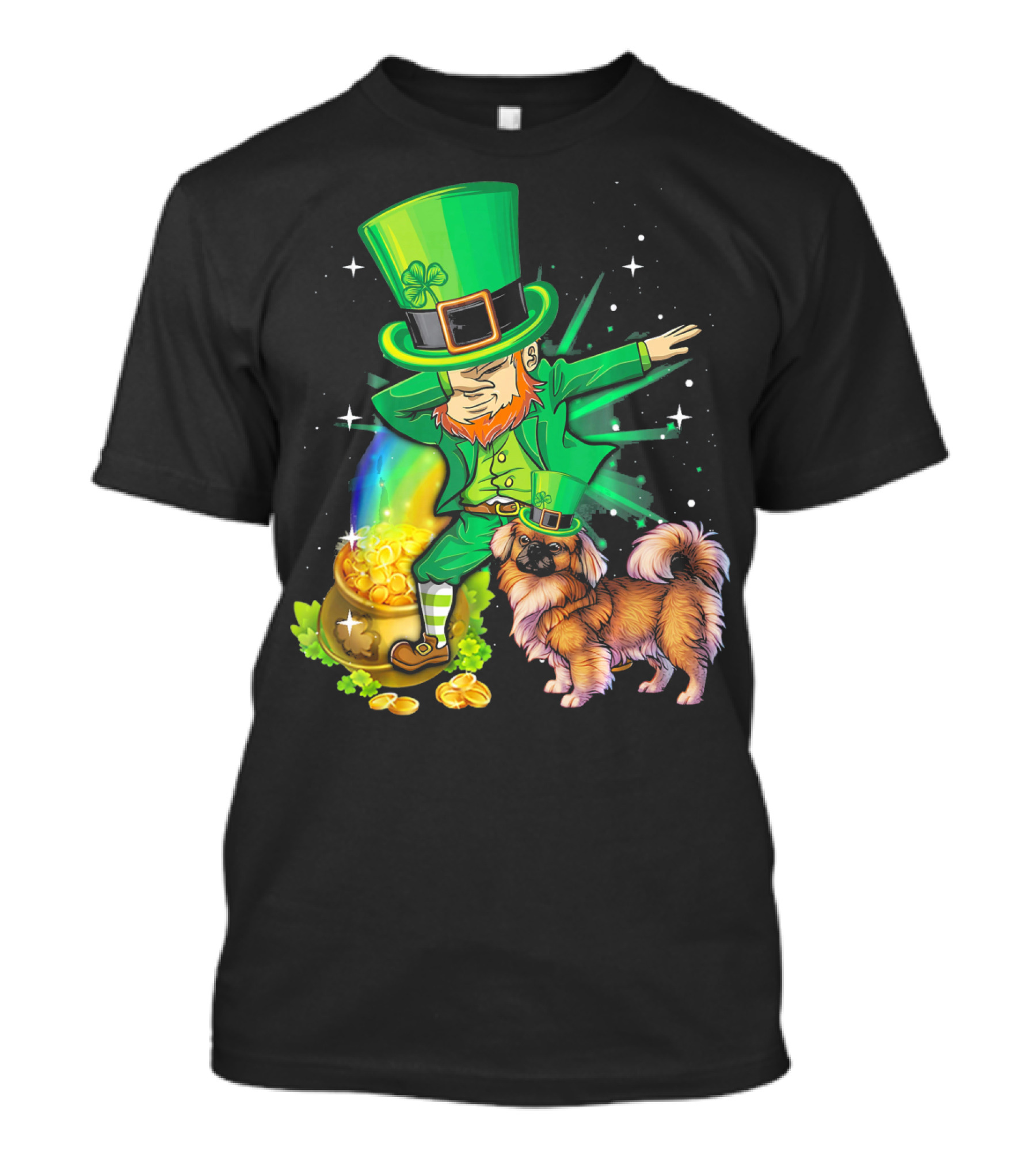 St Patricks Day Pekingese Leprechaun Pot Of Gold And Rainbow T-Shirt