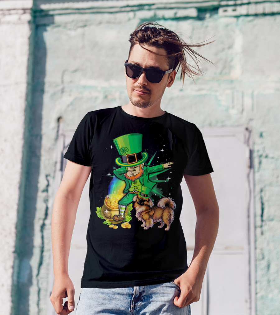 St Patricks Day Pekingese Leprechaun Pot Of Gold And Rainbow T-Shirt