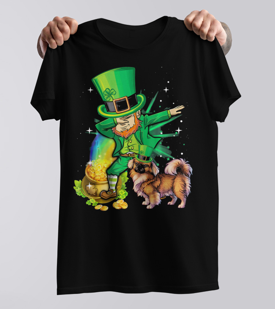 St Patricks Day Pekingese Leprechaun Pot Of Gold And Rainbow T-Shirt