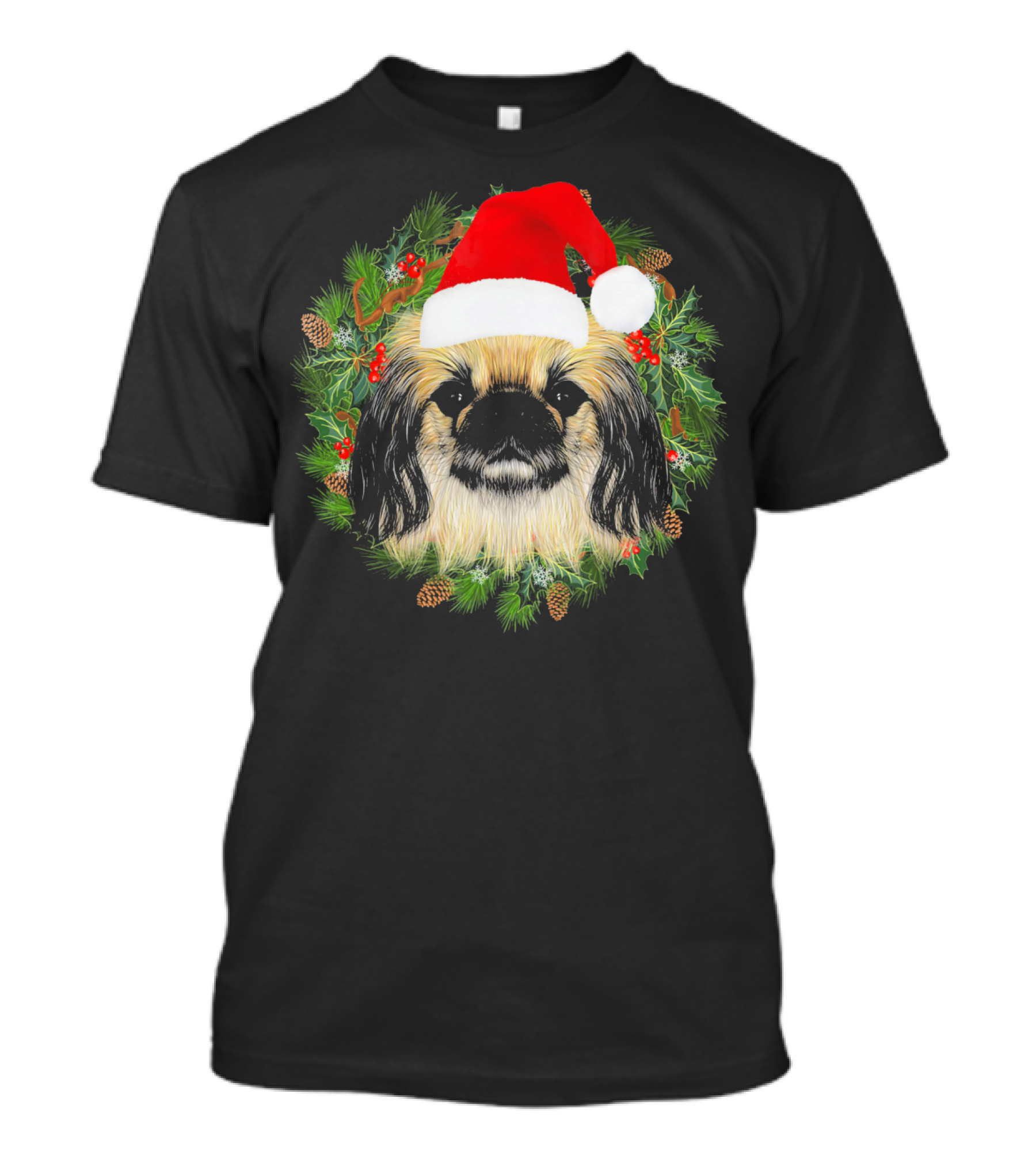Pekingese Santa Christmas For Me Festive Wreath T-Shirt