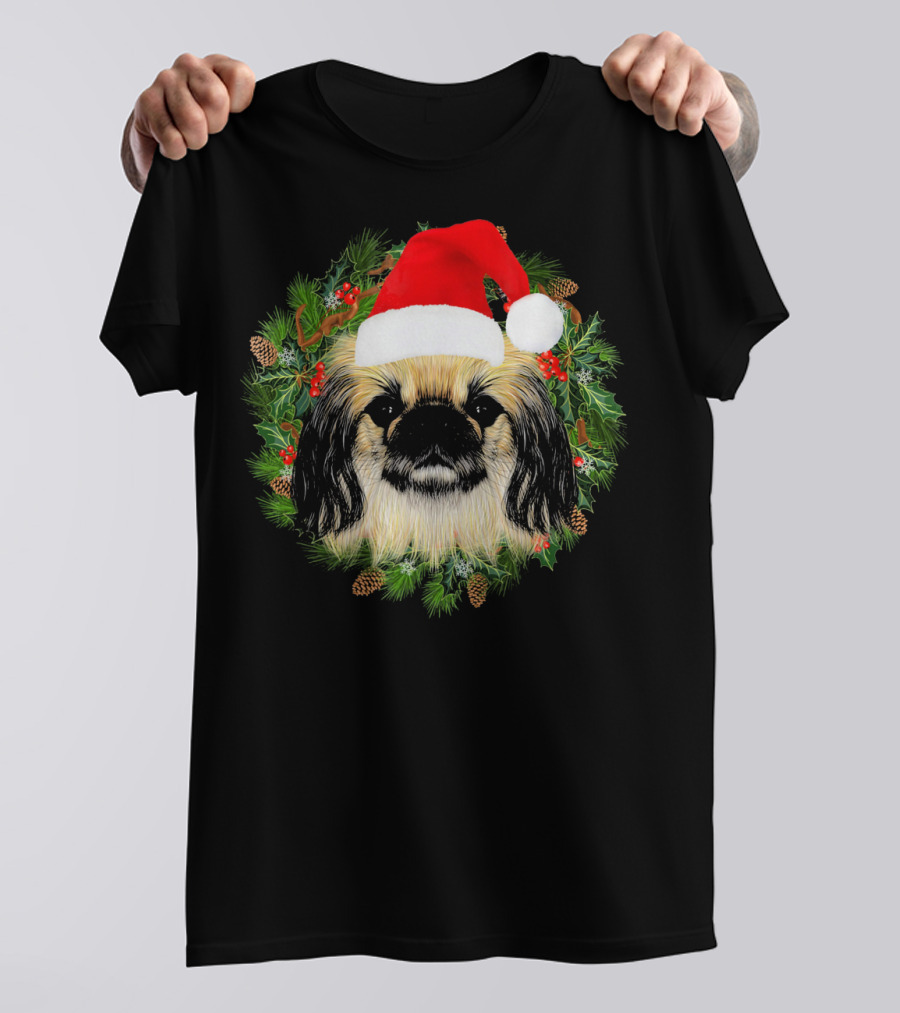 Pekingese Santa Christmas For Me Festive Wreath T-Shirt