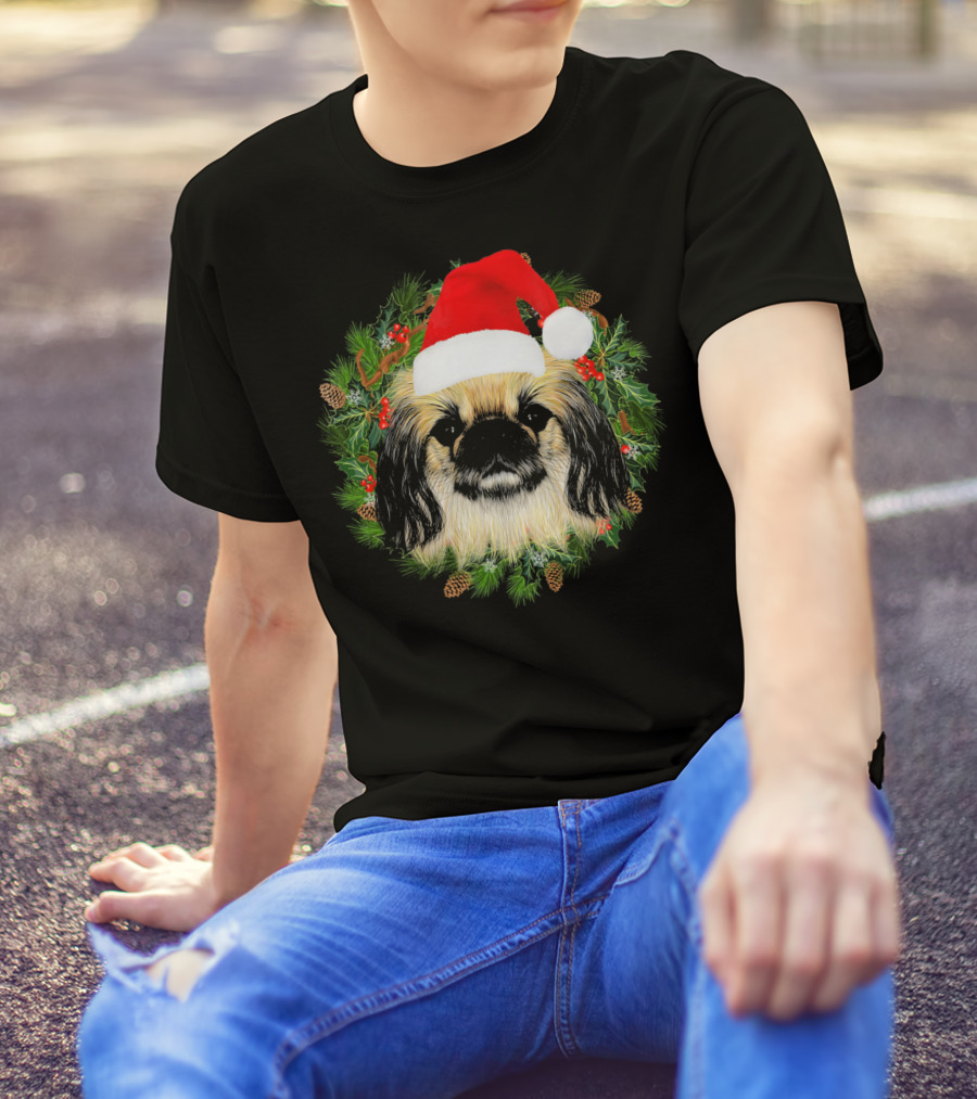 Pekingese Santa Christmas For Me Festive Wreath T-Shirt
