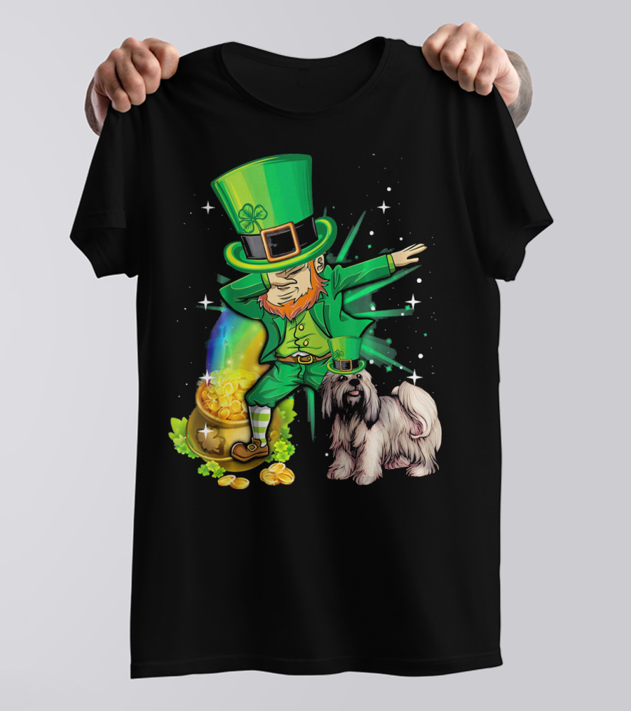 Leprechaun Dabbing With Pot Of Gold And Lhasa Apso On St Patrick's Day T-Shirt
