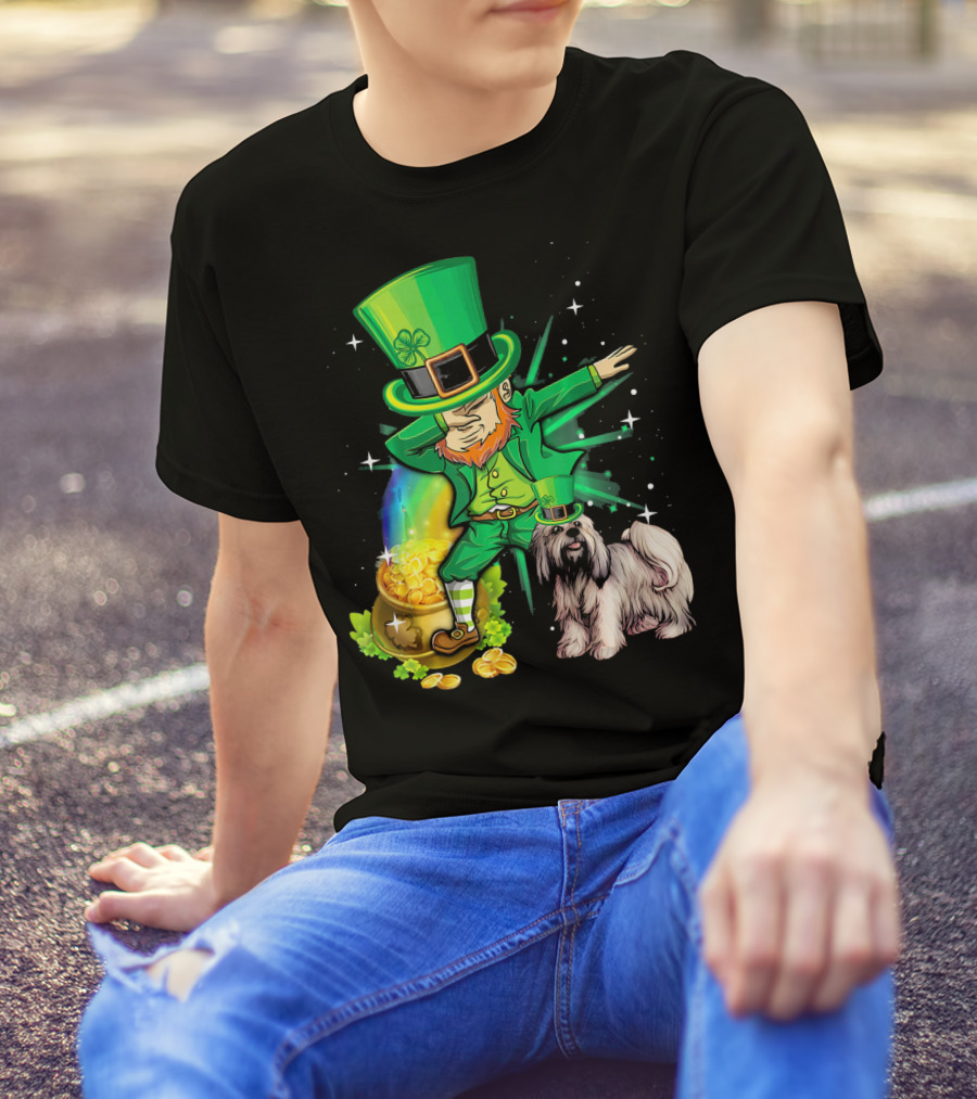 Leprechaun Dabbing With Pot Of Gold And Lhasa Apso On St Patrick's Day T-Shirt