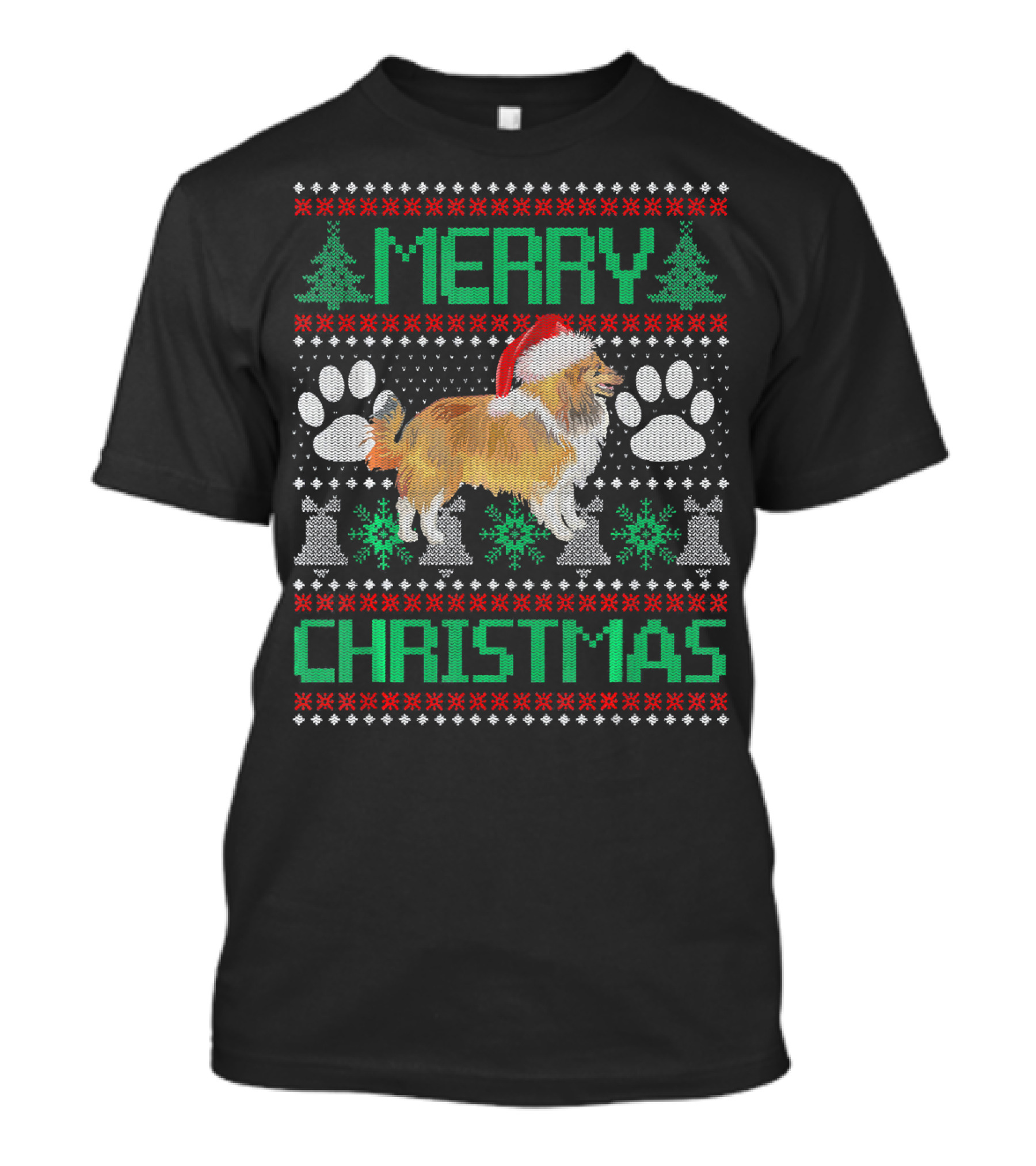 Merry Christmas Sheltie Holiday Sweater Paws Trees T-Shirt