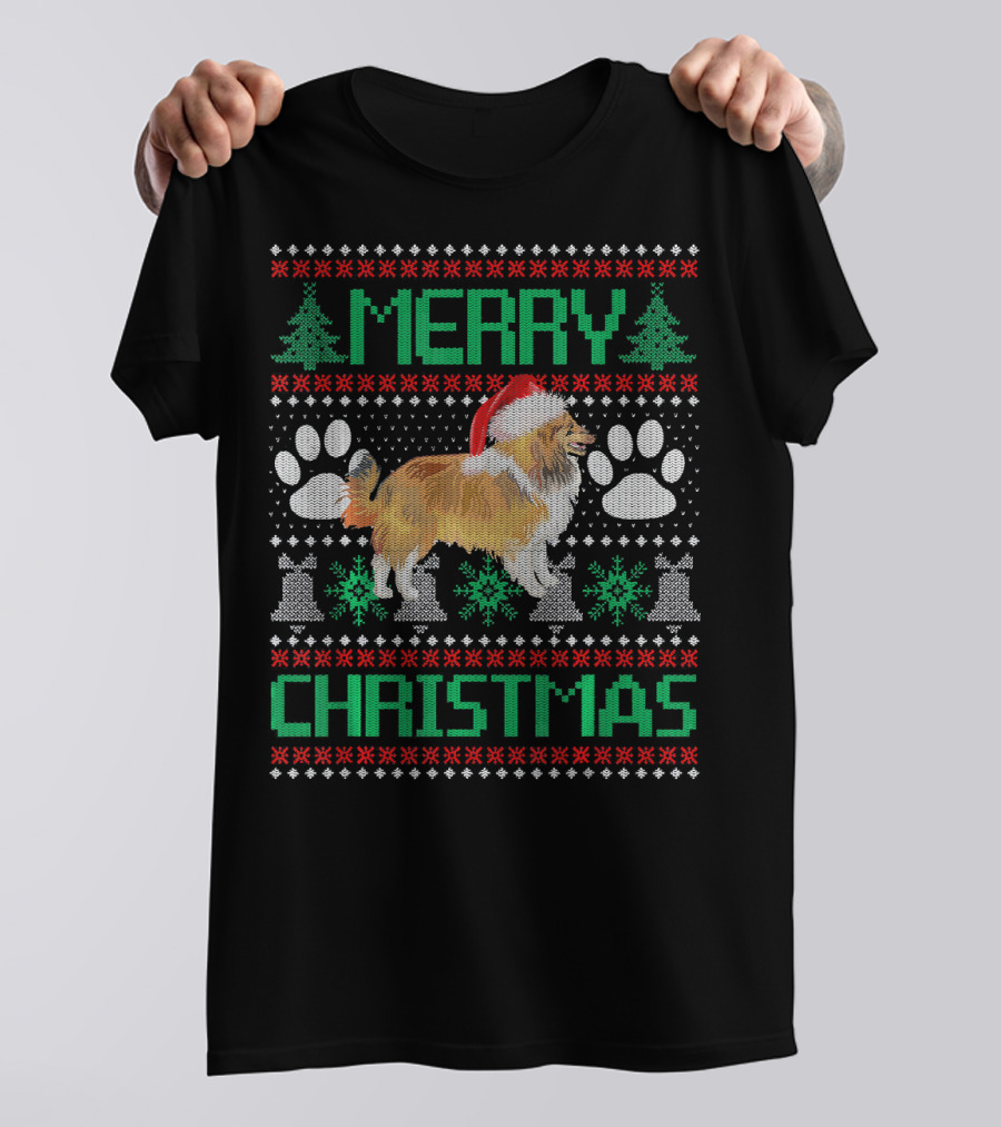 Merry Christmas Sheltie Holiday Sweater Paws Trees T-Shirt