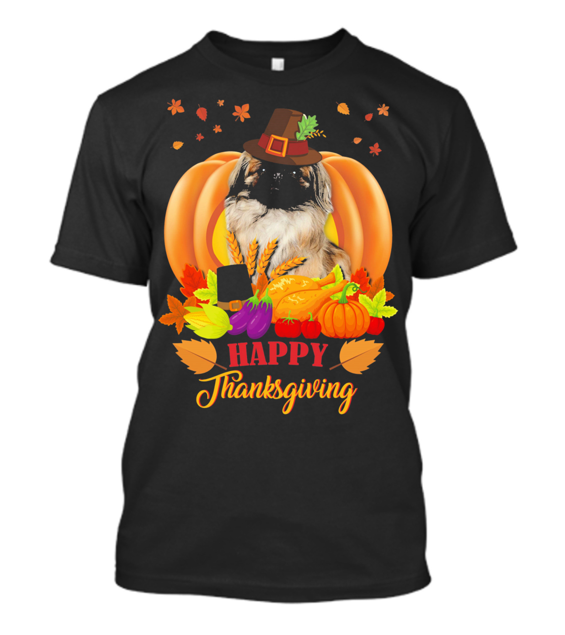 Happy Thanksgiving Pekingese With Fall Harvest Elements T-Shirt