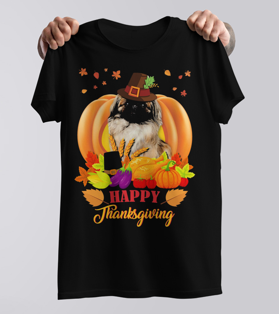 Happy Thanksgiving Pekingese With Fall Harvest Elements T-Shirt
