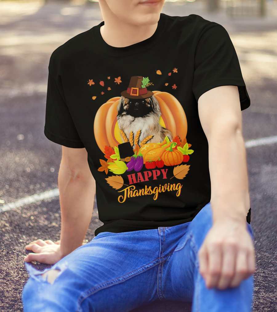 Happy Thanksgiving Pekingese With Fall Harvest Elements T-Shirt