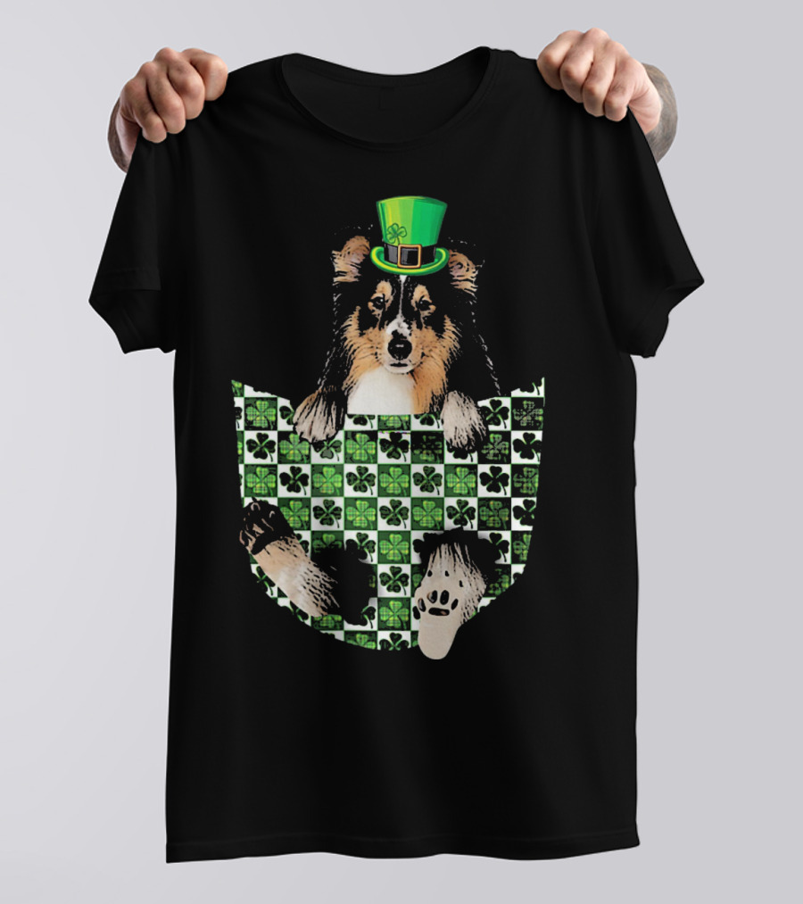 Shetland Sheepdog Pocket With St. Patrick's Day Hat And Shamrocks T-Shirt