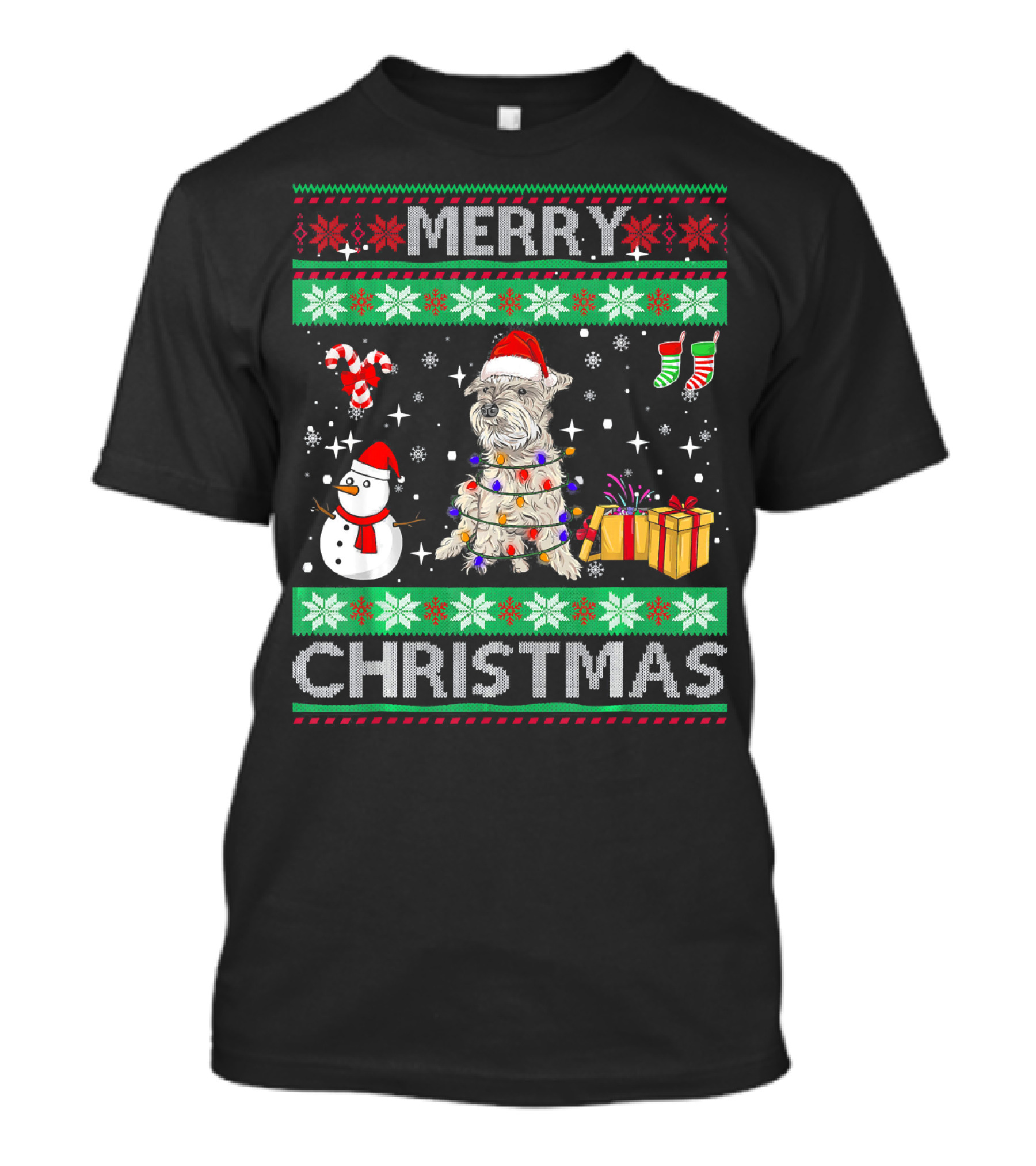 Schnauzer Dog Owner Merry Christmas Santa Snowman Presents Ugly T-Shirt
