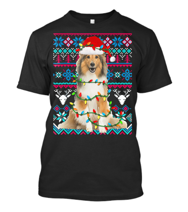 Sheltie Ugly Christmas Funny Hol Santa Lights T-Shirt
