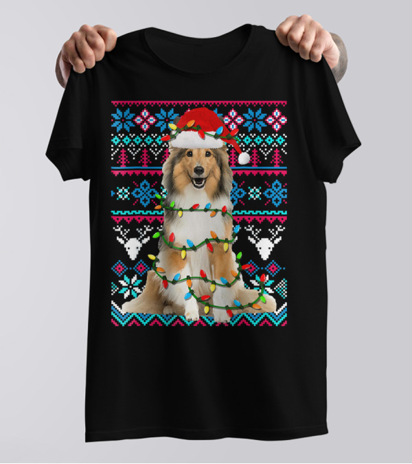 Sheltie Ugly Christmas Funny Hol Santa Lights T-Shirt