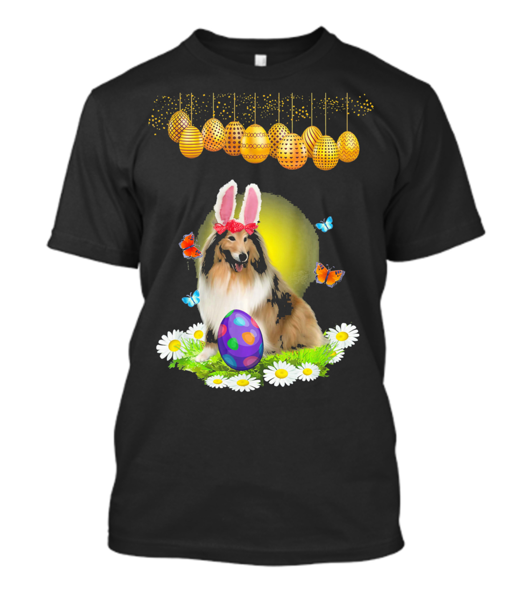 Sheltie Lover Rabbit Ears Egg Easter Butterflies Daisies T-Shirt