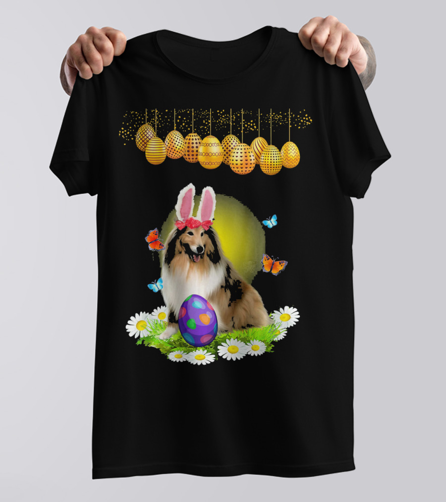 Sheltie Lover Rabbit Ears Egg Easter Butterflies Daisies T-Shirt