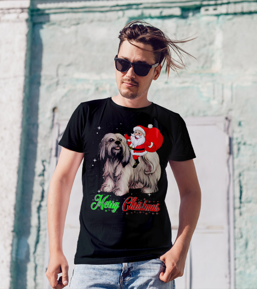 Merry Christmas Santa Riding Lhasa Apso T-Shirt