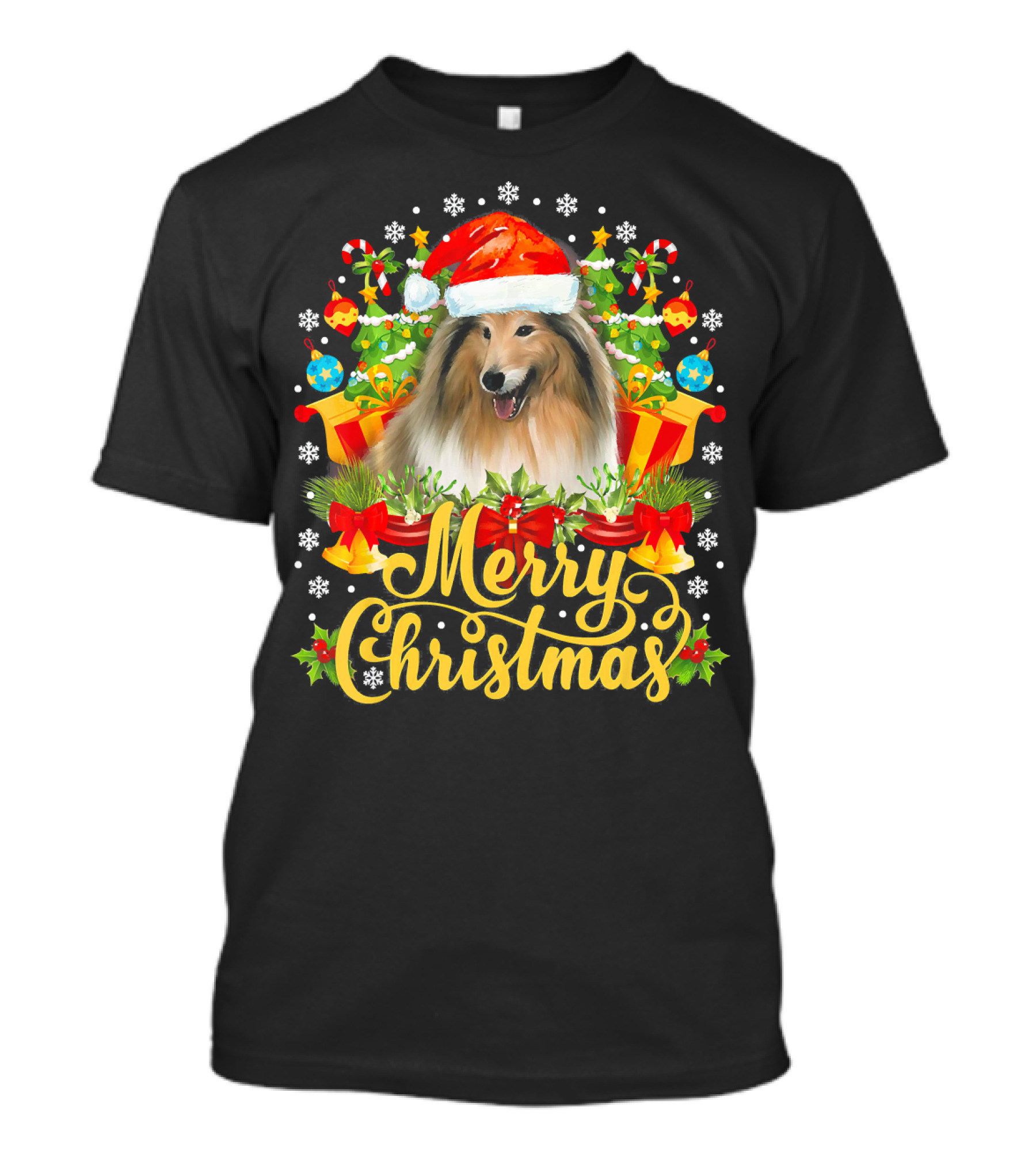 Merry Christmas Sheltie Santa Hat And Holiday Decorations T-Shirt