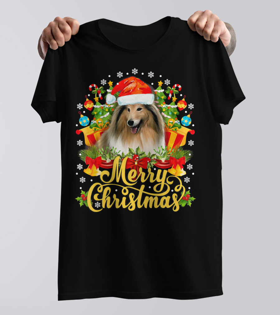 Merry Christmas Sheltie Santa Hat And Holiday Decorations T-Shirt