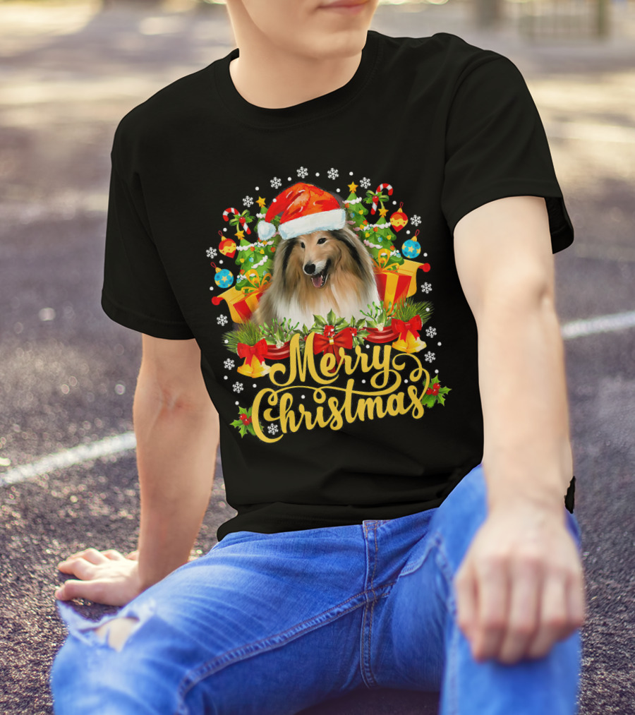 Merry Christmas Sheltie Santa Hat And Holiday Decorations T-Shirt