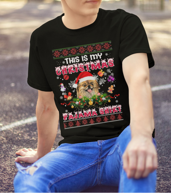 THIS IS MY CHRISTMAS PAJAMA SHIRT PEKINGESE SANTA HAT PRESENTS SNOWFLAKES GINGERBREAD T-Shirt