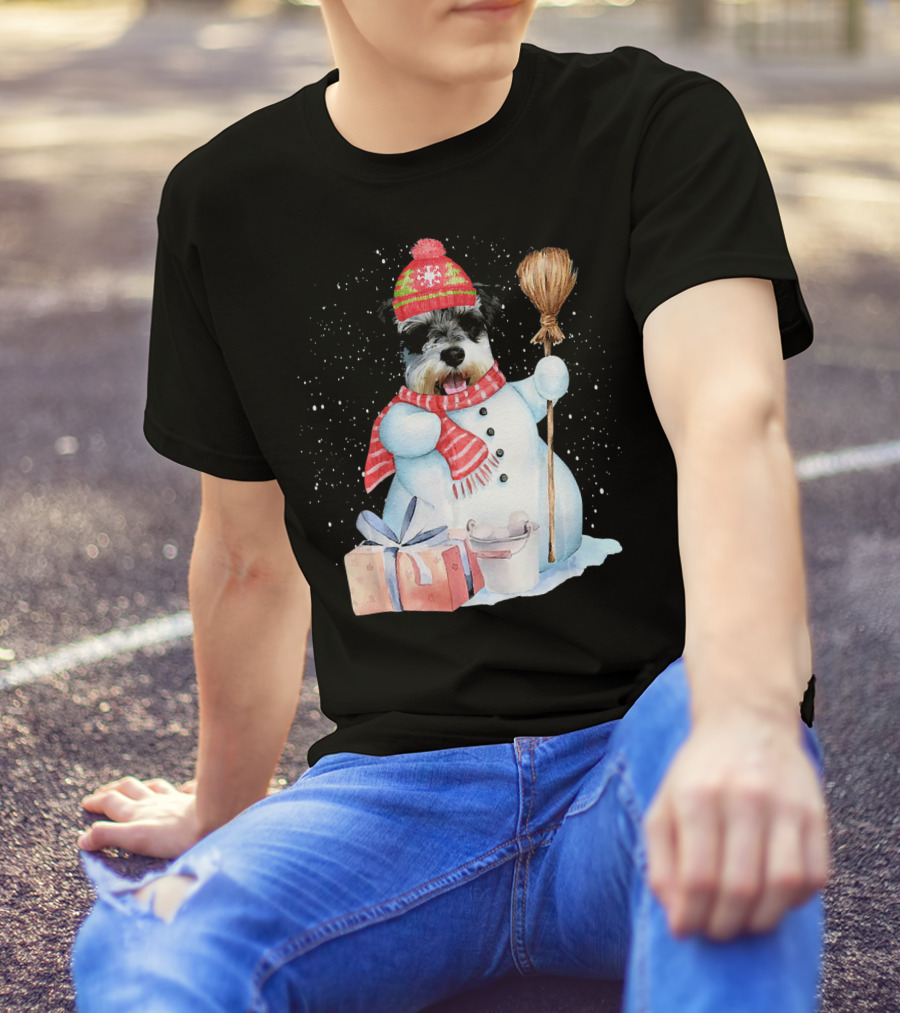 Standard Schnauzer Snowman With Gifts In Snow Night T-Shirt