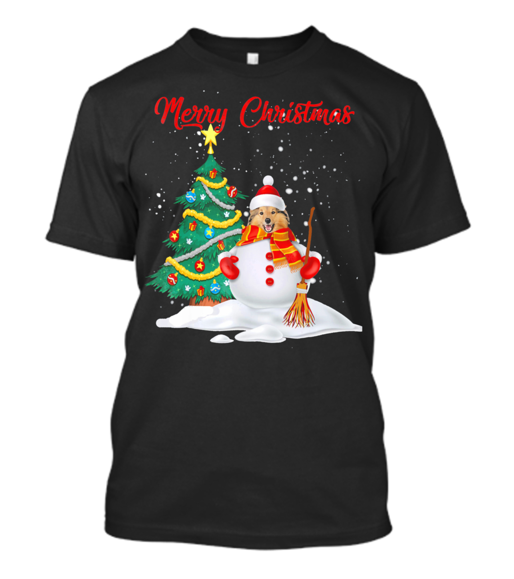 Merry Christmas Shetland Sheepdog Snowman With Christmas Tree T-Shirt