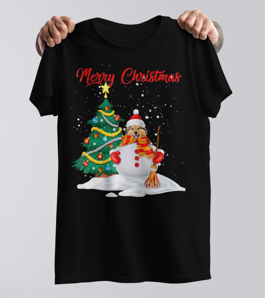 Merry Christmas Shetland Sheepdog Snowman With Christmas Tree T-Shirt