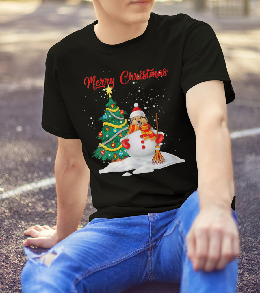 Merry Christmas Shetland Sheepdog Snowman With Christmas Tree T-Shirt