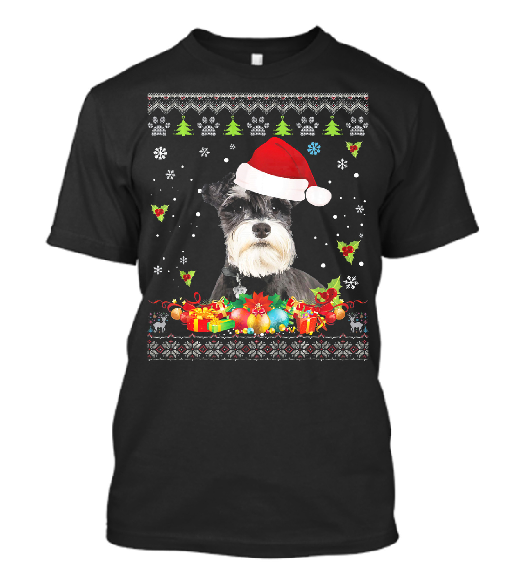 Merry Christmas Schnauzer Dog Santa Hat Presents Snowflakes Winter Holiday T-Shirt